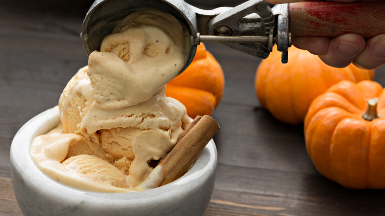 Pumpkin ice cream being scooped into a small bowl with mini pumpkins in the background