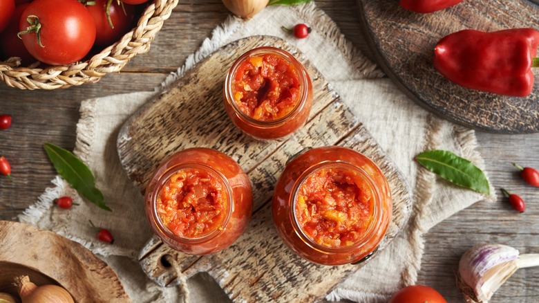 Three jars of tomato chutney