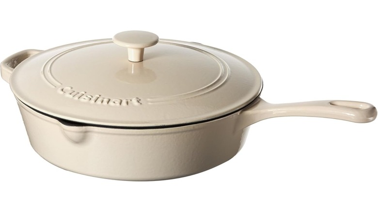A cream-colored Cuisinart Chef's Classic Enameled Cast Iron Dutch Oven