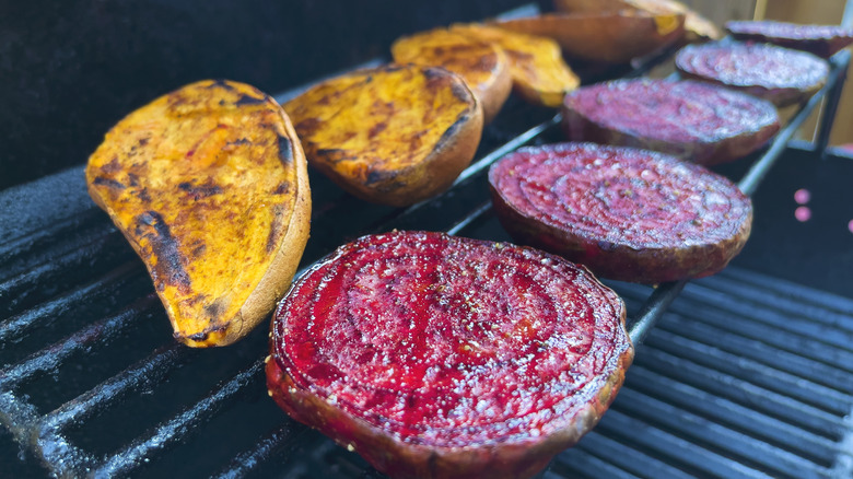 beets and sweet potatoes on grill