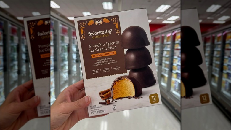 Hand holding Favorite Day Frozen Pumpkin Spice Ice Cream Bites