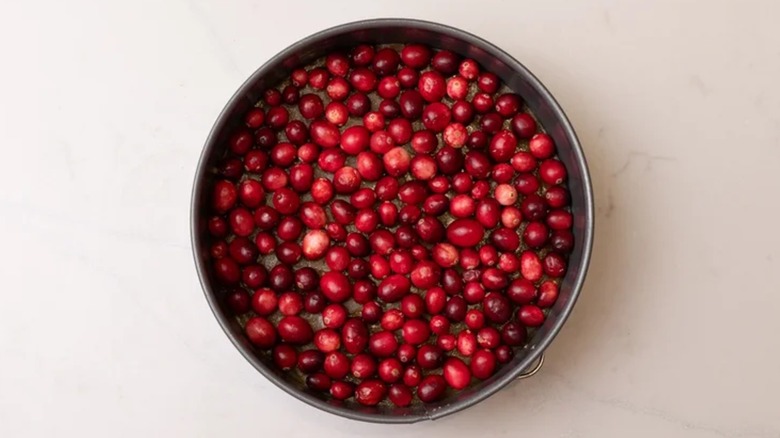 Cranberries in bottom of pan.