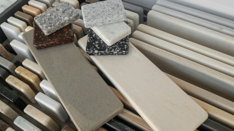 Kitchen countertop samples stacked together
