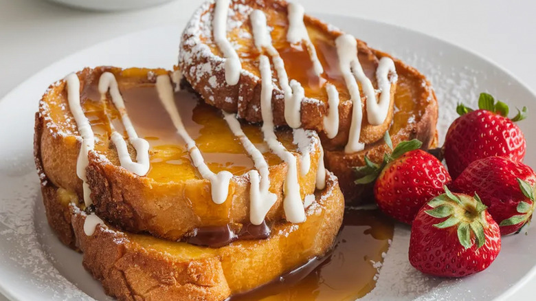 Thick slices of french toast on a white plate with syrup puddles and a white icing drizzle and four whole strawberries on the side