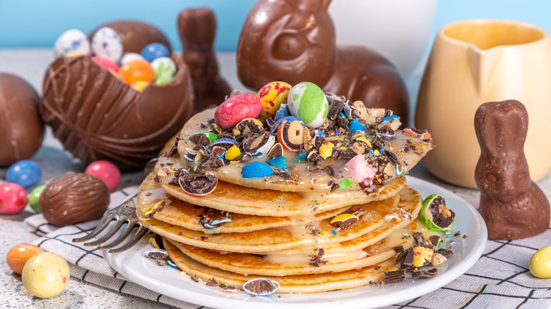 Pancakes tipped with chocolate and Easter candy