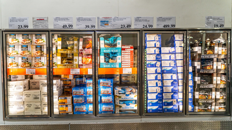 Refrigerator with many variations of frozen fish at Costco Business Center