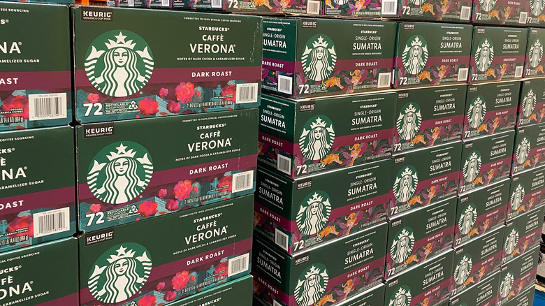 Boxes of Starbucks K-cups coffee at Costco Business Center