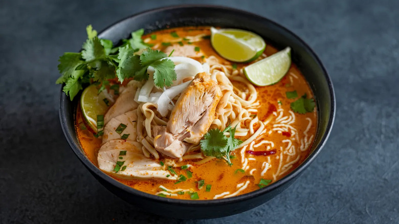 A bowl of Thai curry chicken noodle soup