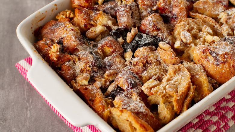 Bread pudding in a baking dish