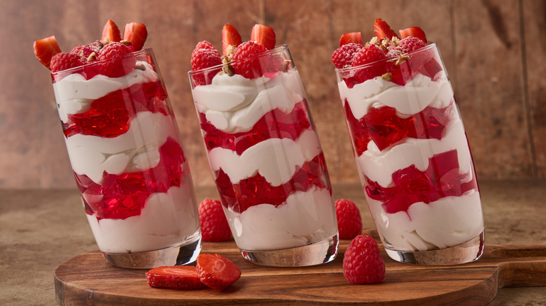 Three gelatin parfaits with berries