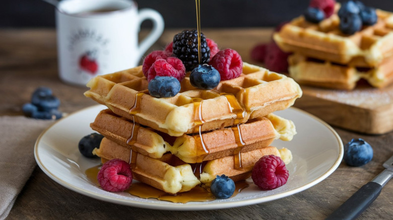 A bunch of square waffles with berries