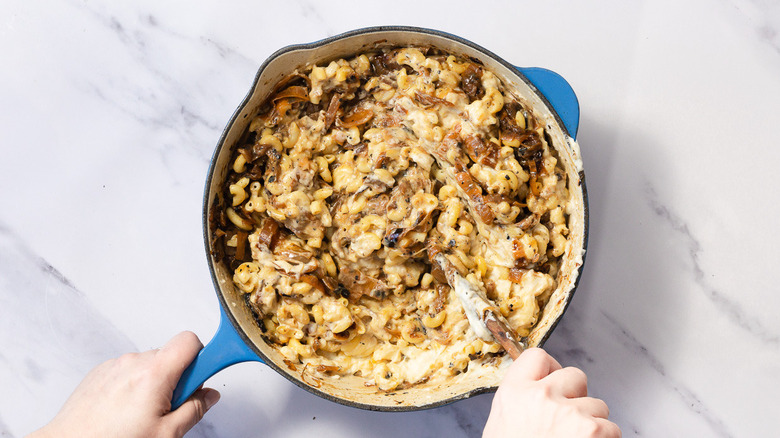 Unbaked mac and cheese in pan