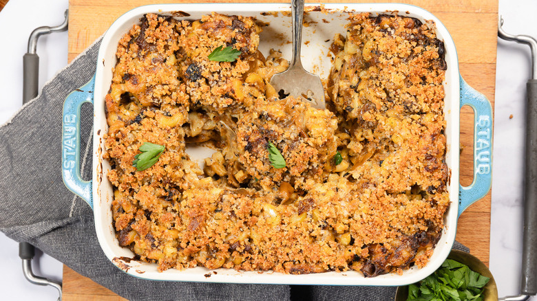 A casserole dish of French onion mac and cheese