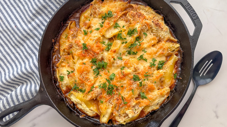 French onion stuffed shells in skillet