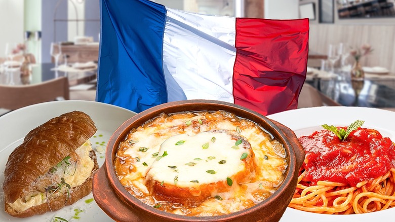Composite image featuring French flag and dishes from French restaurants