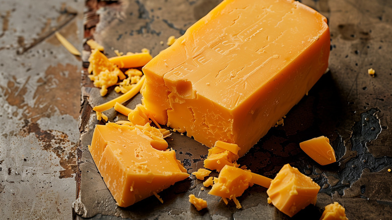 A block of American cheddar cheese with broken pieces