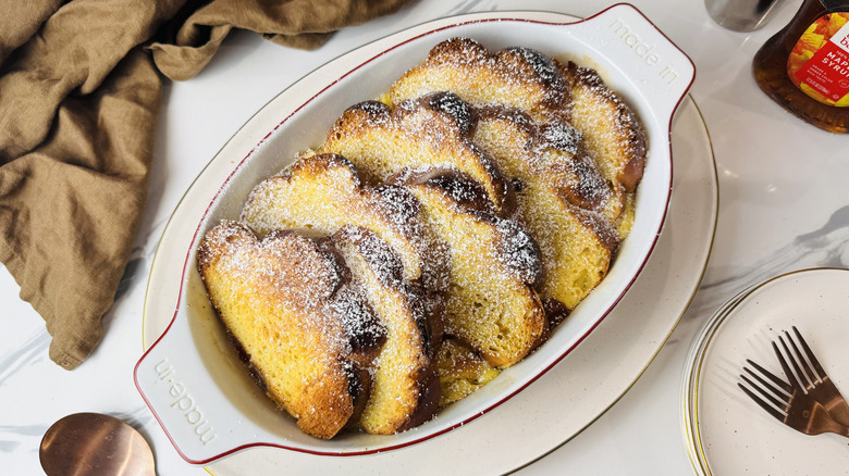French toast bread pudding on table