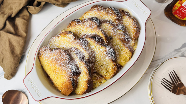 French toast bread pudding in baking dish