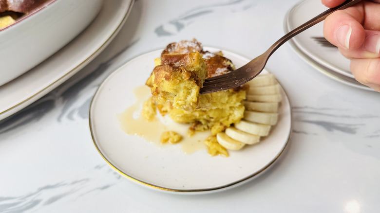 Forkful of french toast bread pudding