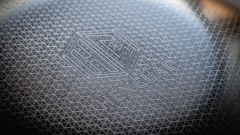 Close-up of Hexclad frying pan, showing logo