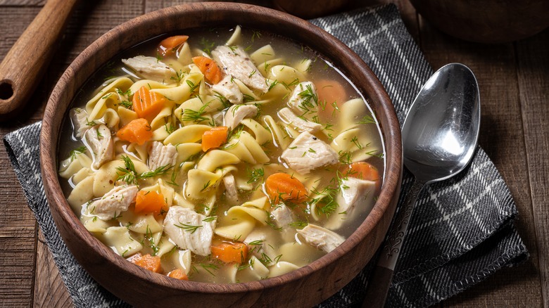 bowl of chicken noodle soup with dill