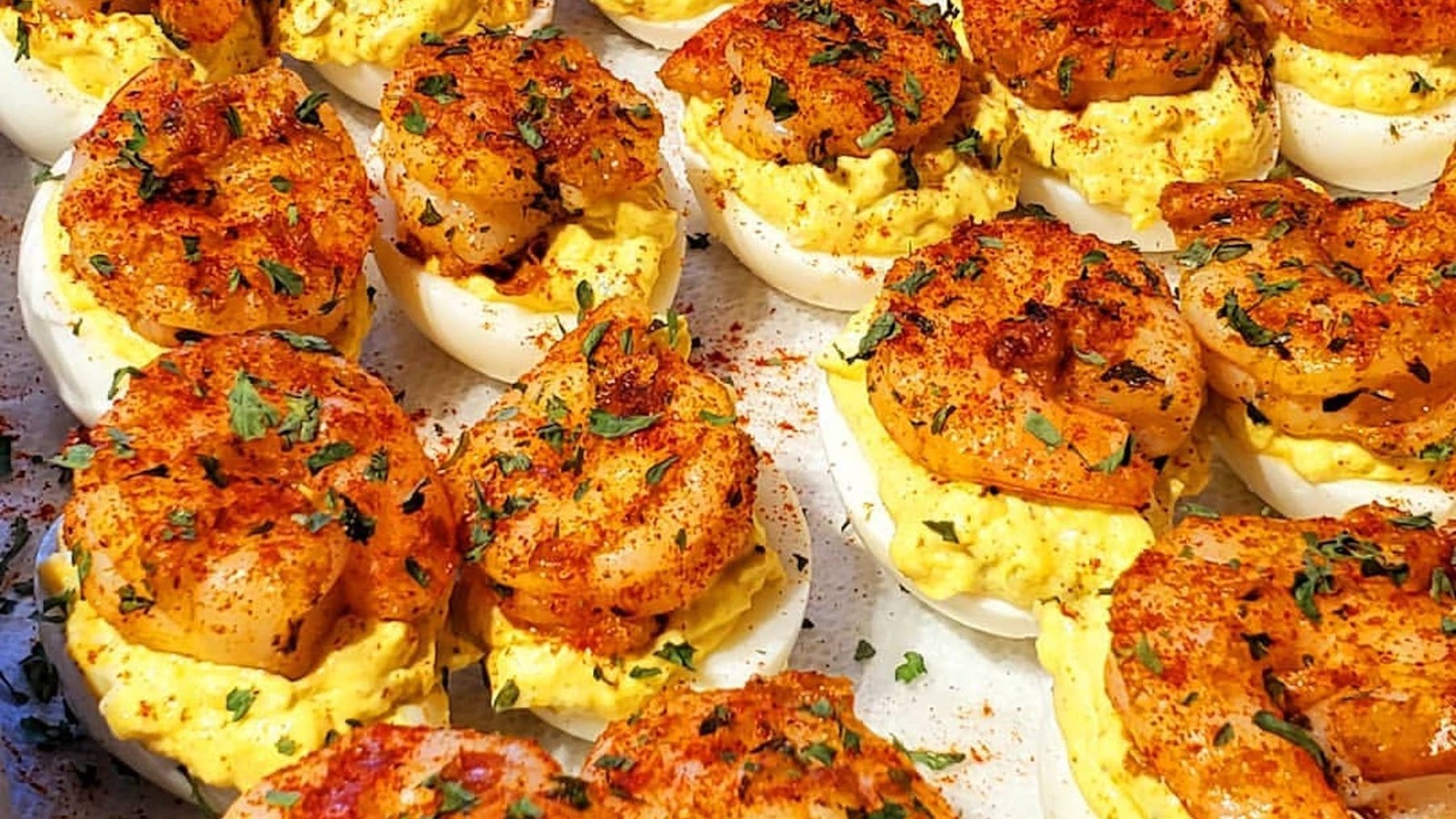 Fried Shrimp Is The Perfect Crunchy Garnish For Creamy Deviled Eggs