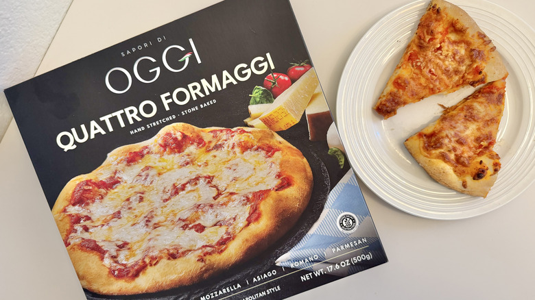 Oggi Foods Quattro Formaggi Pizza box on a table
