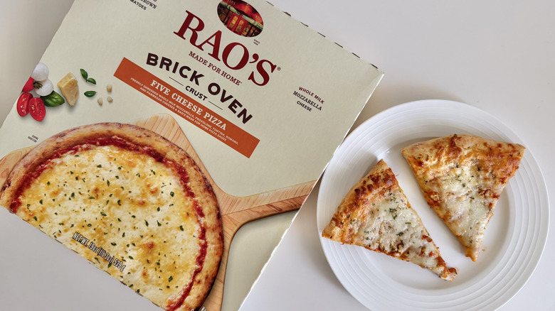 Rao's Made For Home Five Cheese Frozen Pizza box and two slices of pizza