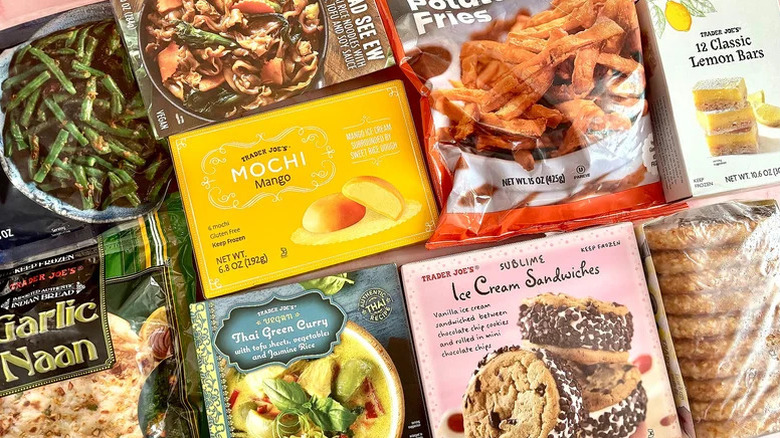 An array of Trader Joe's frozen food packages viewed from above