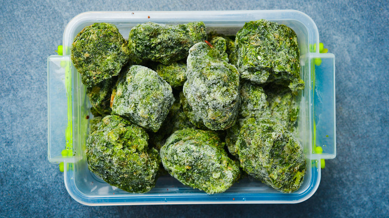 Cubes of frozen spinach in reusable container