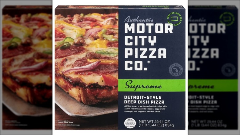 Box of Motor City Pizza Co. supreme Detroit-style deep dish pizza
