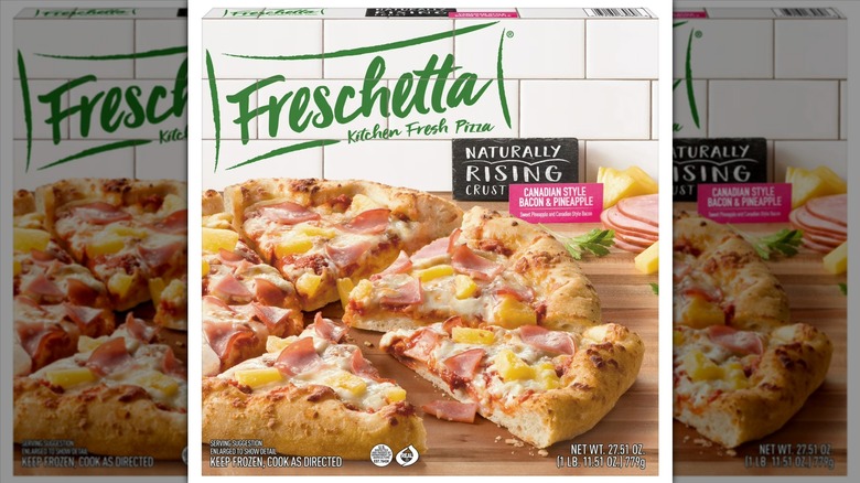Box of Freschetta Canadian style bacon and pineapple naturally rising crust frozen pizza