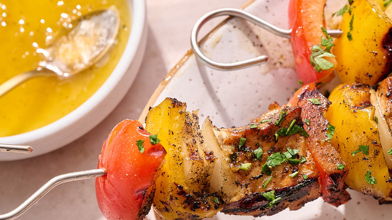 salmon kebabs on a platter