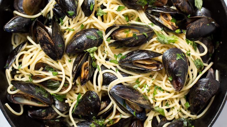 close up of mussel spaghetti