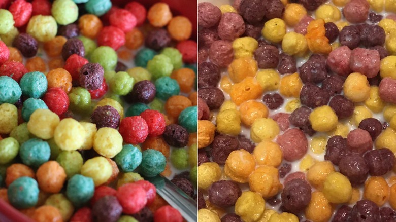 Colorful, artificially dyed Trix cereal on the left and muted, warm-toned naturally colored Trix cereal on the right.
