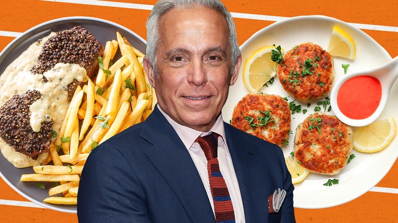 Geoffrey Zakarian flanked by a plate of steak frites and a plate of crabcakes