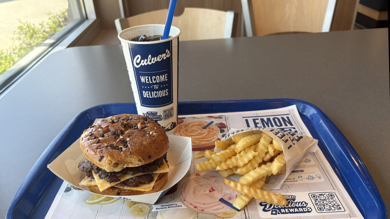 Tray with burger, fries, and soda at Culver's