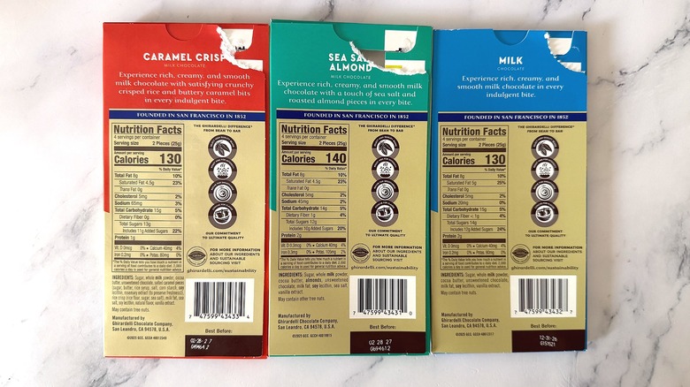 Three Ghirardelli Milk Chocolate Bars showing nutrition information on marble surface