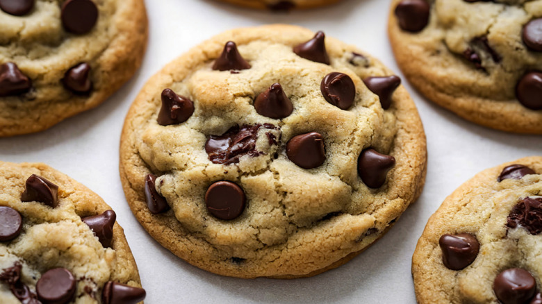 Chewy chocolate chip cookies on a sheet