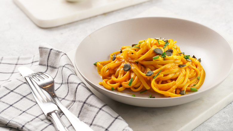 A bowl of pumpkin carbonara