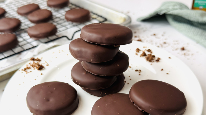 Homemade Thin Mints stacked on plate