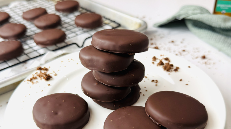 Homemade Thin Mints stacked on plate
