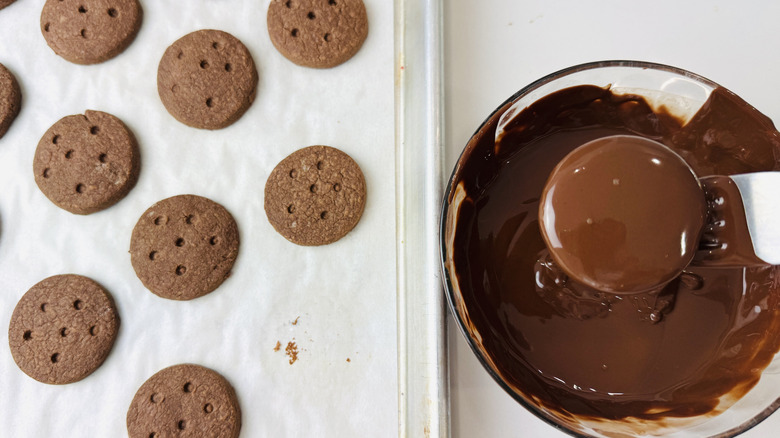 Dipping homemade Thin Mints in chocolate