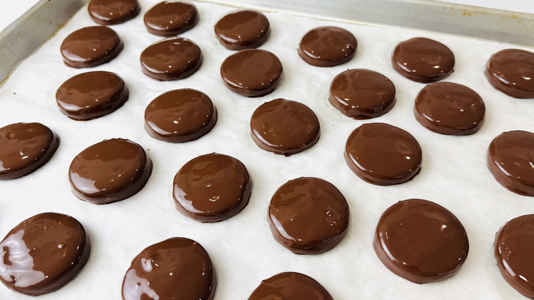Homemade Thin Mints dipped in melted chocolate