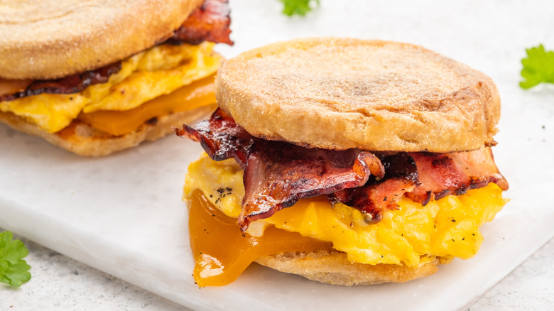 Bacon, egg, and cheese breakfast sandwiches.