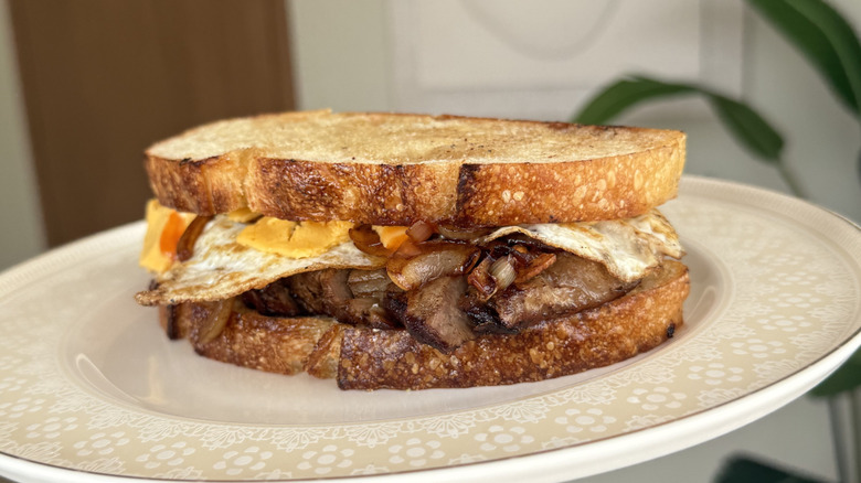 Sauteed steak, onion, and egg sandwich.
