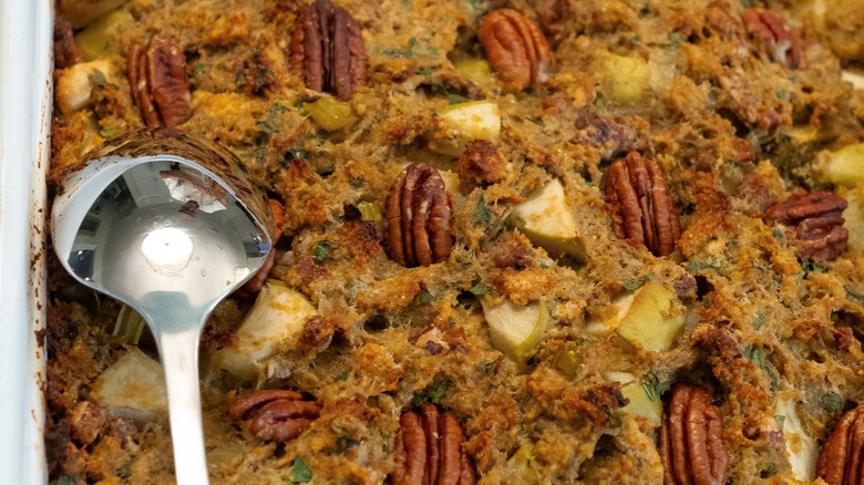Stuffing with whole pecans on top