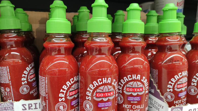 Bottles of Go-tan Sriracha sauce