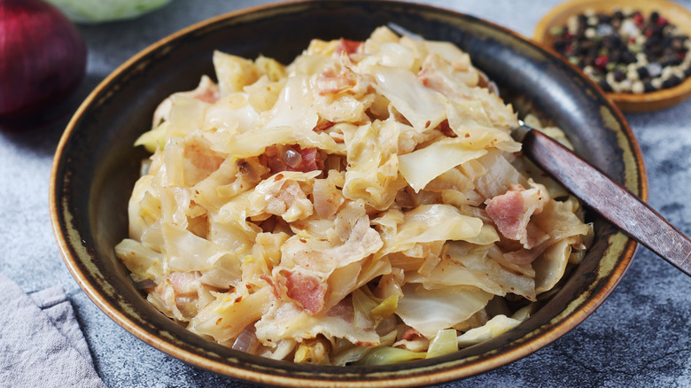 Southern fried cabbage dish served in a bowl.