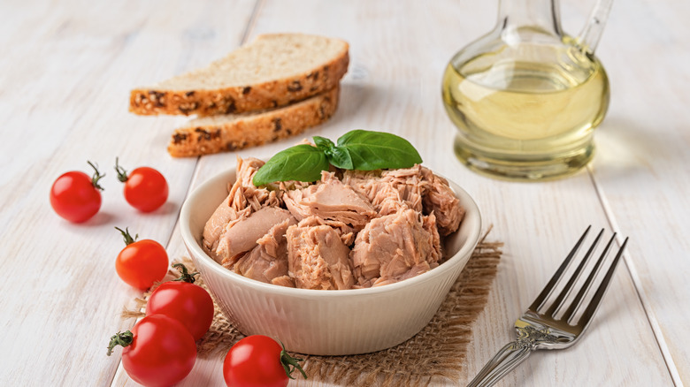 Canned tuna in white bowl
